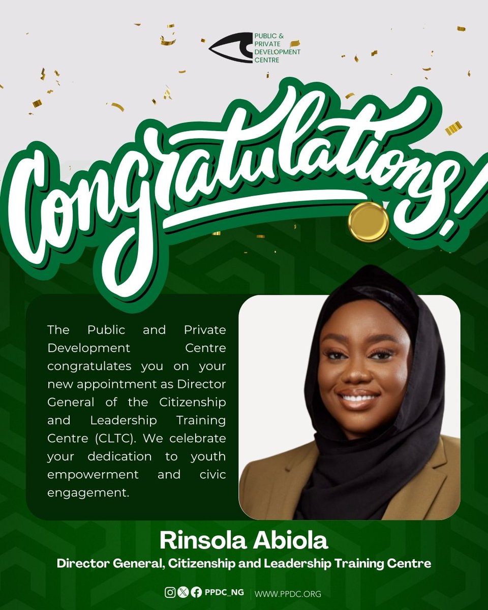 The Public and Private Development Centre congratulates Rinsola Abiola on her appointment as Director General of the Citizenship and Leadership Training Centre (CLTC).

Her remarkable track record in youth empowerment, civic engagement, and leadership development reflects the