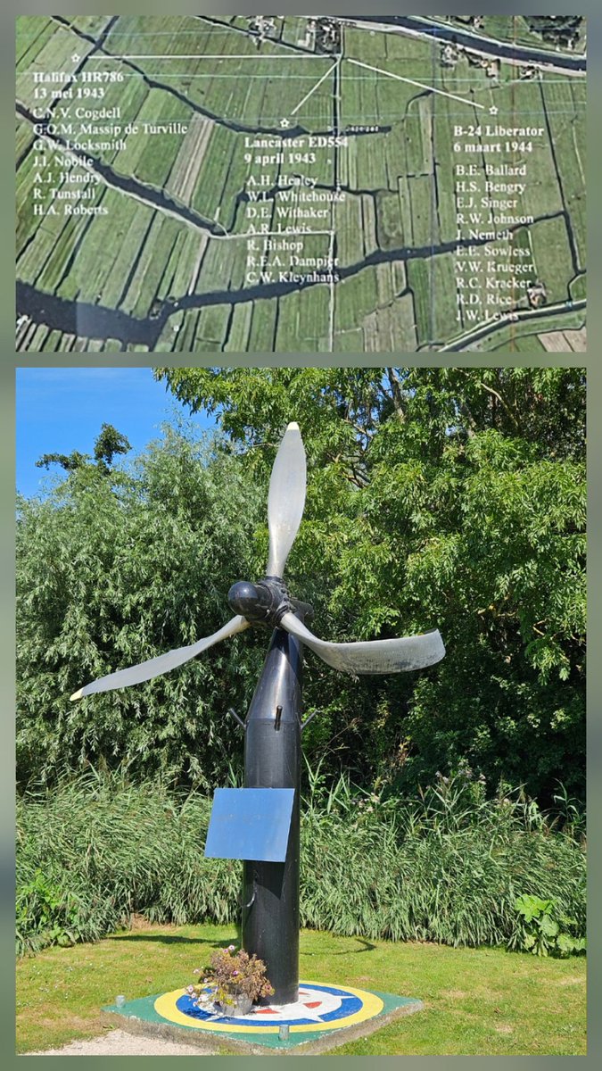 Romaboy68's tweet photo. Dit indrukwekkende monument staat aan de kanaaldijk, vlakbij de boerderij waar 11 BS door de
Duitsers zijn opgepakt. Het herdenkt 3 crashes die daar in de omgeving plaatsvonden tijdens #WW2. De propellor is de eigenlijke van de #Lancaster ED554. #WWII #Halifax #Liberator #Wormer https://t.co/6pL80spU6N