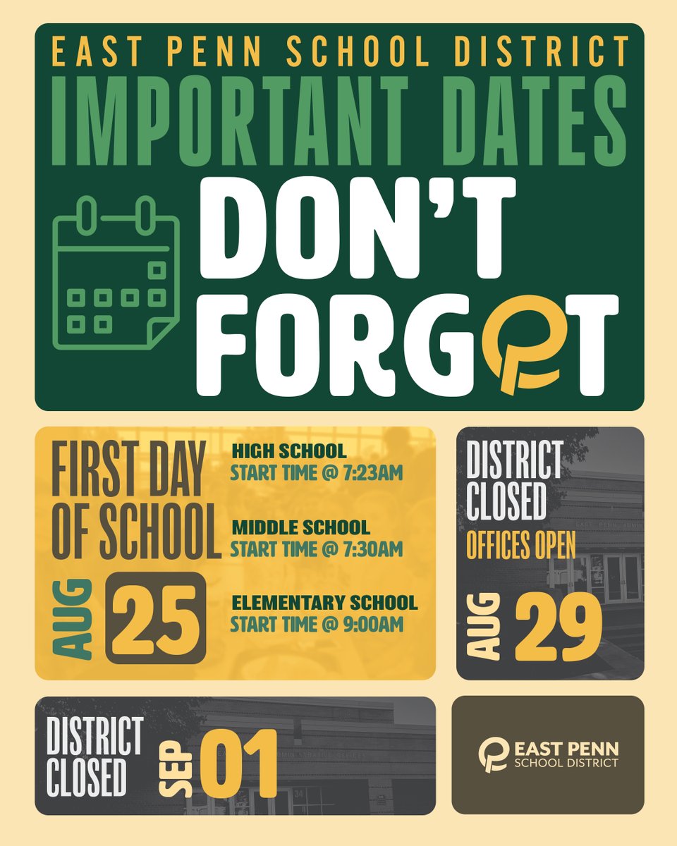 The new school year is almost here! Make sure you have these dates on your calendar:
🟡August 25th - First Day of School
Different start times for each level:
High School starts at 7:23am
Middle School starts at 7:30am
Elementary starts at 9:00am
🟡August 29th - District offices
