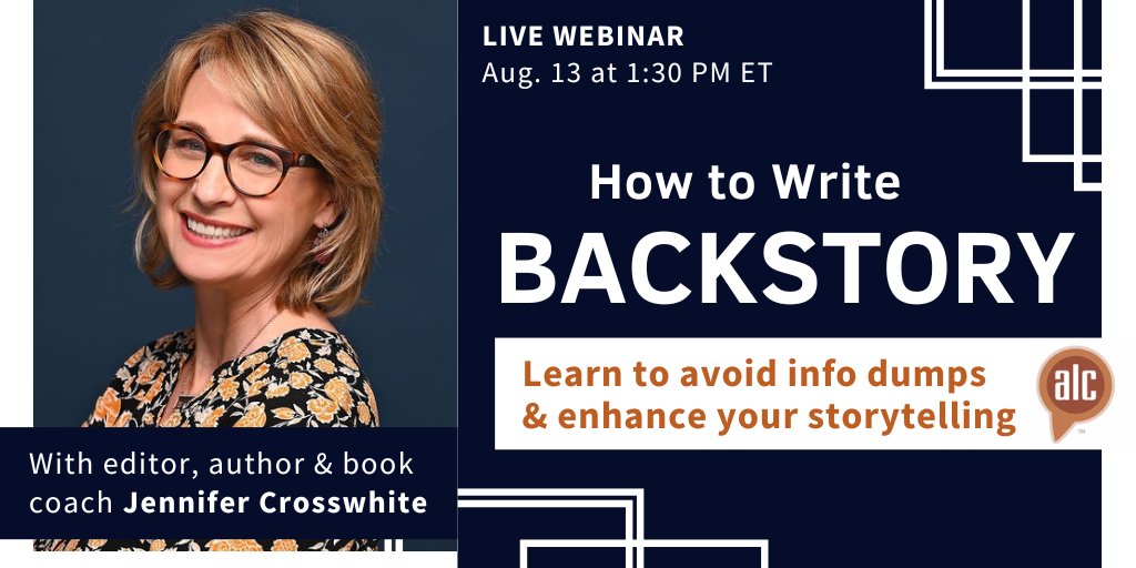 authorlearning's tweet photo. TODAY: Learn how backstory can enhance your characters and plot with book coach, editor, and bestselling author Jennifer Crosswhite.
https://t.co/MErI3bnvlz #writingworkshops #bookplotting #bookplanning #plotter #writingcommunity #writerslife #pantser #amwriting https://t.co/5x8eiQ9Kc3