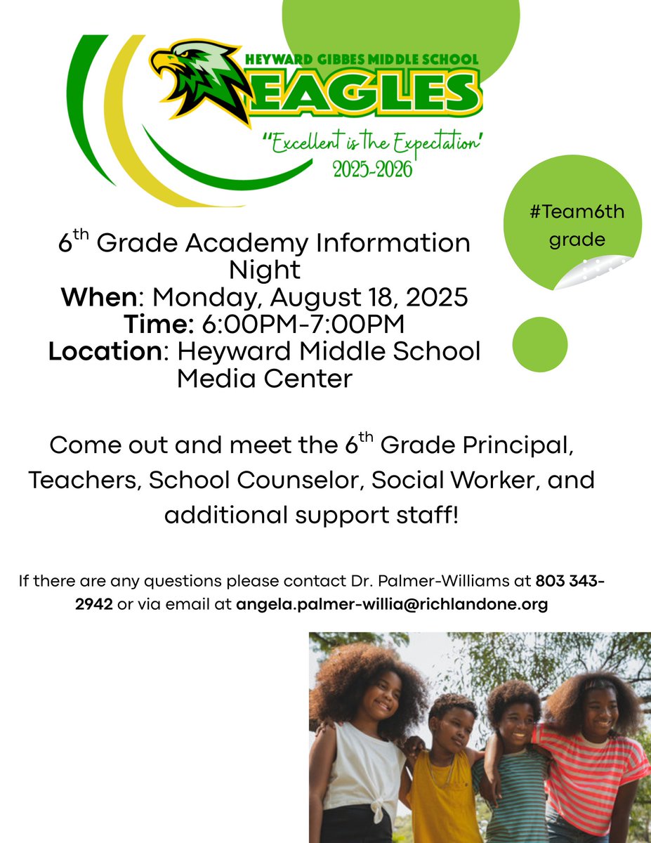 heyward_gibbes's tweet photo. 📢Join us for the 6th Grade Academy Family Information Night at HGMS! 🏫
🗓️ Date: Monday, August 18, 2025
🕕 Time: 6 PM - 7 PM
Don’t miss out on important information about 6th grade! See you there! 🎉 #HGMS #6thGradeAcademy #FamilyNight #RisingTogether https://t.co/B1lOsGR5cD