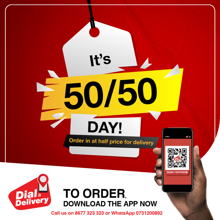 Don't miss out on this hot deal! Order food via the Dial A Delivery app and pay only half the price for your delivery.

Download the app to order, or visit dialadelivery.online, call 8677 323 323, or WhatsApp 0731200892 today.
#DialADelivery #HalfPrice #Deal