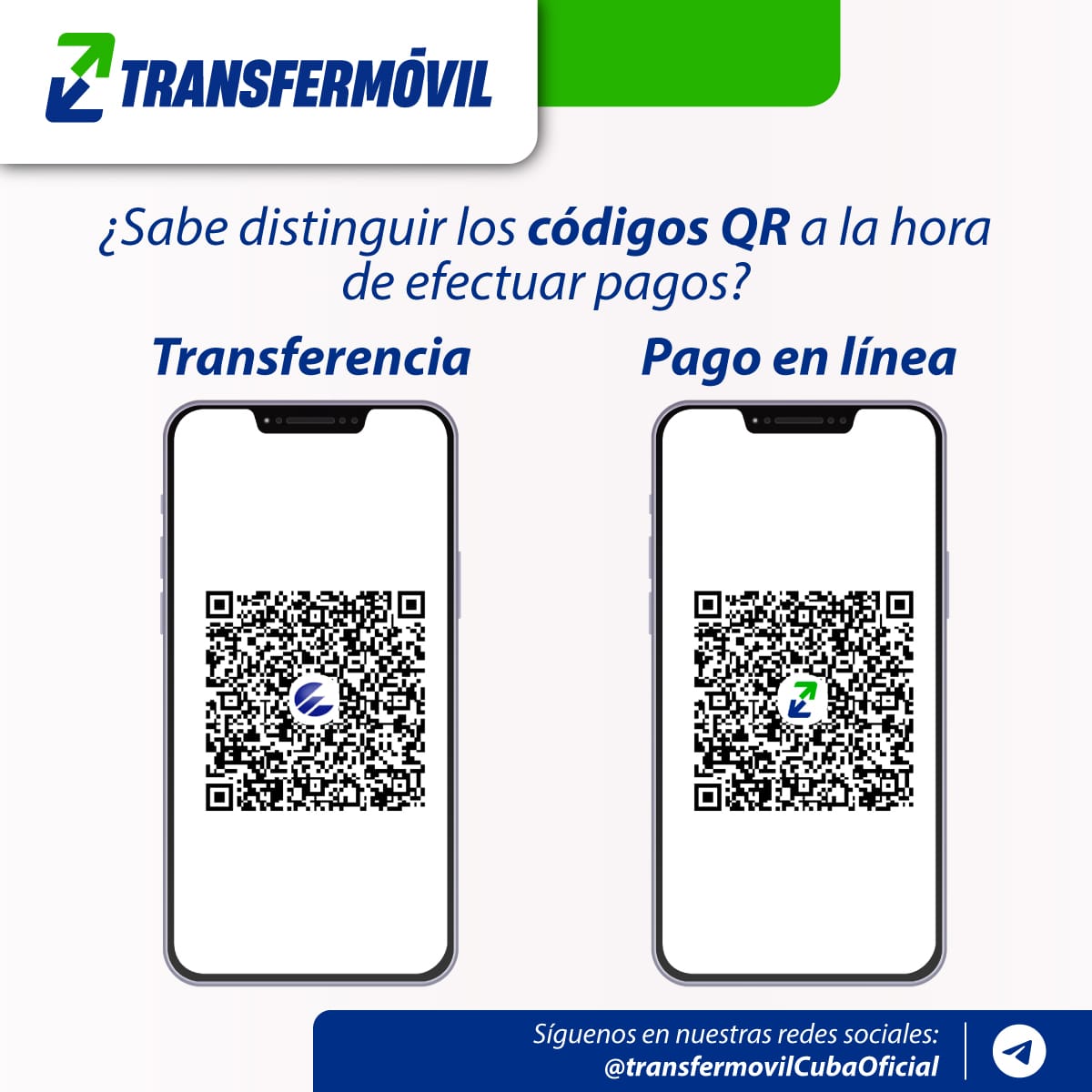 #ConsejoÚtil de #EtecsaConCuba 🇨🇺
💳 Exige tu derecho: todo comercio o proveedor de servicio en #Cuba debe ofrecer #PagoEnLínea. 
📸 Mira en la imagen de cómo puedes diferenciar el QR de pago en línea del QR de transferencia.
#BancarizaciónEnCuba