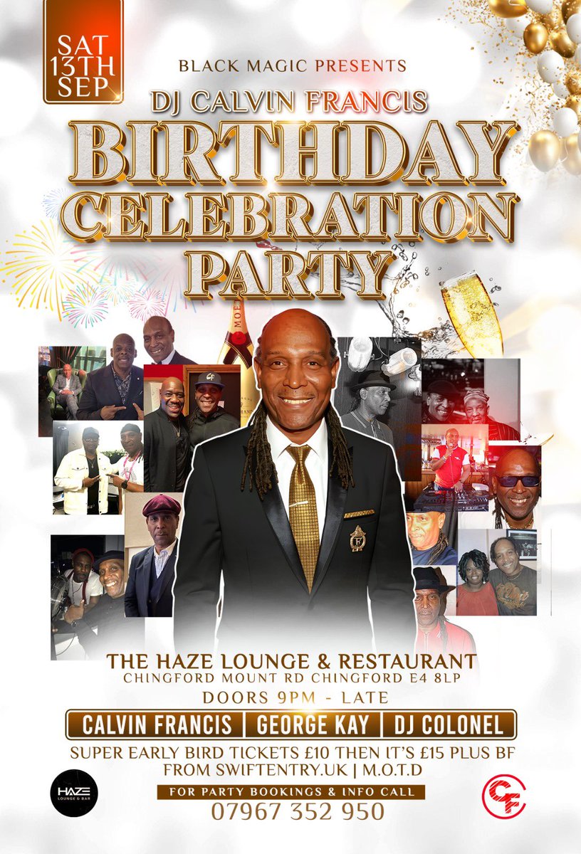 My annual birthday celebration PARTY is on Sat 13th Sept at Haze in Chingford we have sold 95 early bird tickets already £15 tickets are available online now from swiftentry.uk or for info call 07967352950
Thank you for your support 🙏🍷