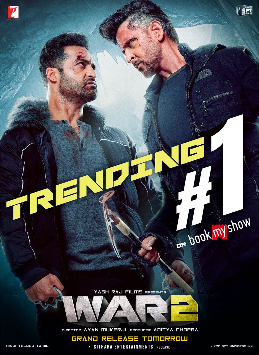 telugurajyam's tweet photo. #WAR2 has already stormed to the TOP on #bookmyshow… and this is just the calm before the CARNAGE 💥💥

Get ready for the epic clash from tomorrow 🤙🏻🤙🏻

#tarak9999 | #Ihrithik | #advani_kiara | #AyanMukerji | #Yrf | #YRFSpyUniverse | #Vamsi84 | #SitharaEnts https://t.co/D4meKMqpOQ