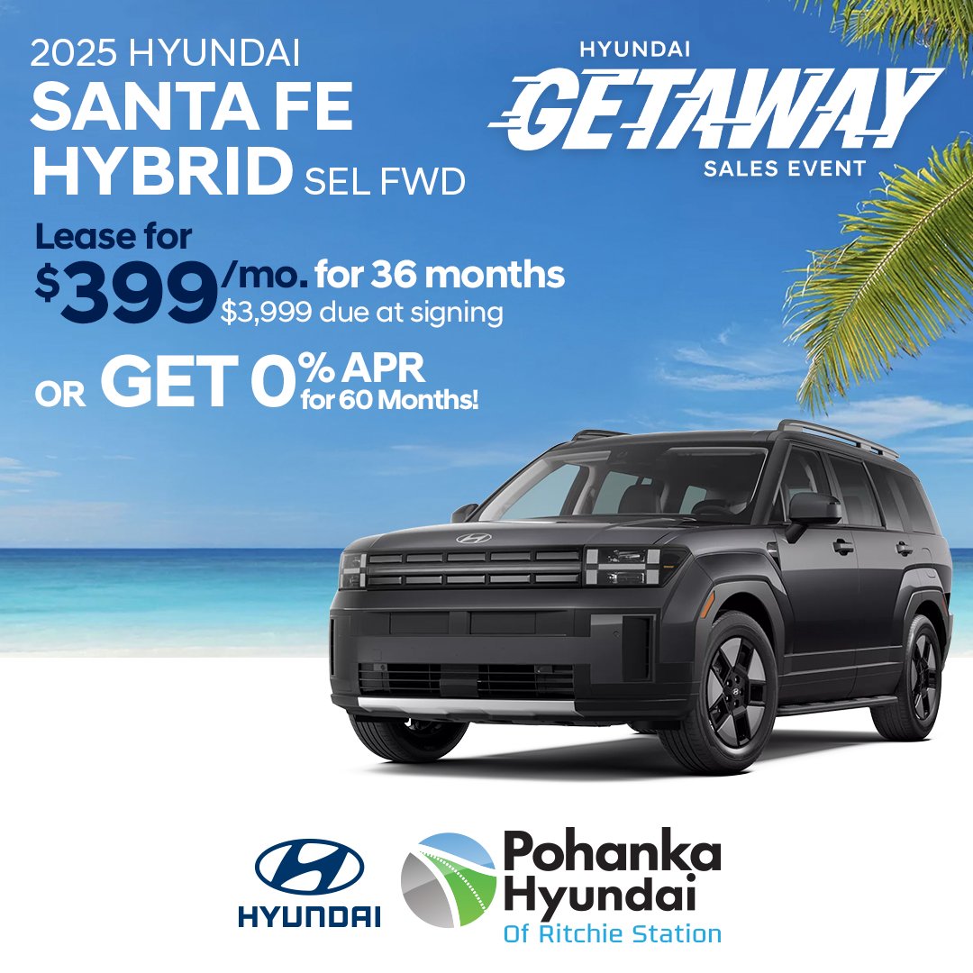PohankaHYU's tweet image. Pack up and take off in style! 🎒🚗💨 The 2025 Santa Fe Hybrid SEL is perfect for summer escapes. Snag one now during the Hyundai Getaway Sales Event! ☀️

Explore All Offers Here 👉 bit.ly/4ltYyTu

#pohankahyundai #capitolheightsmd #santafehybrid #hyundaigetaway