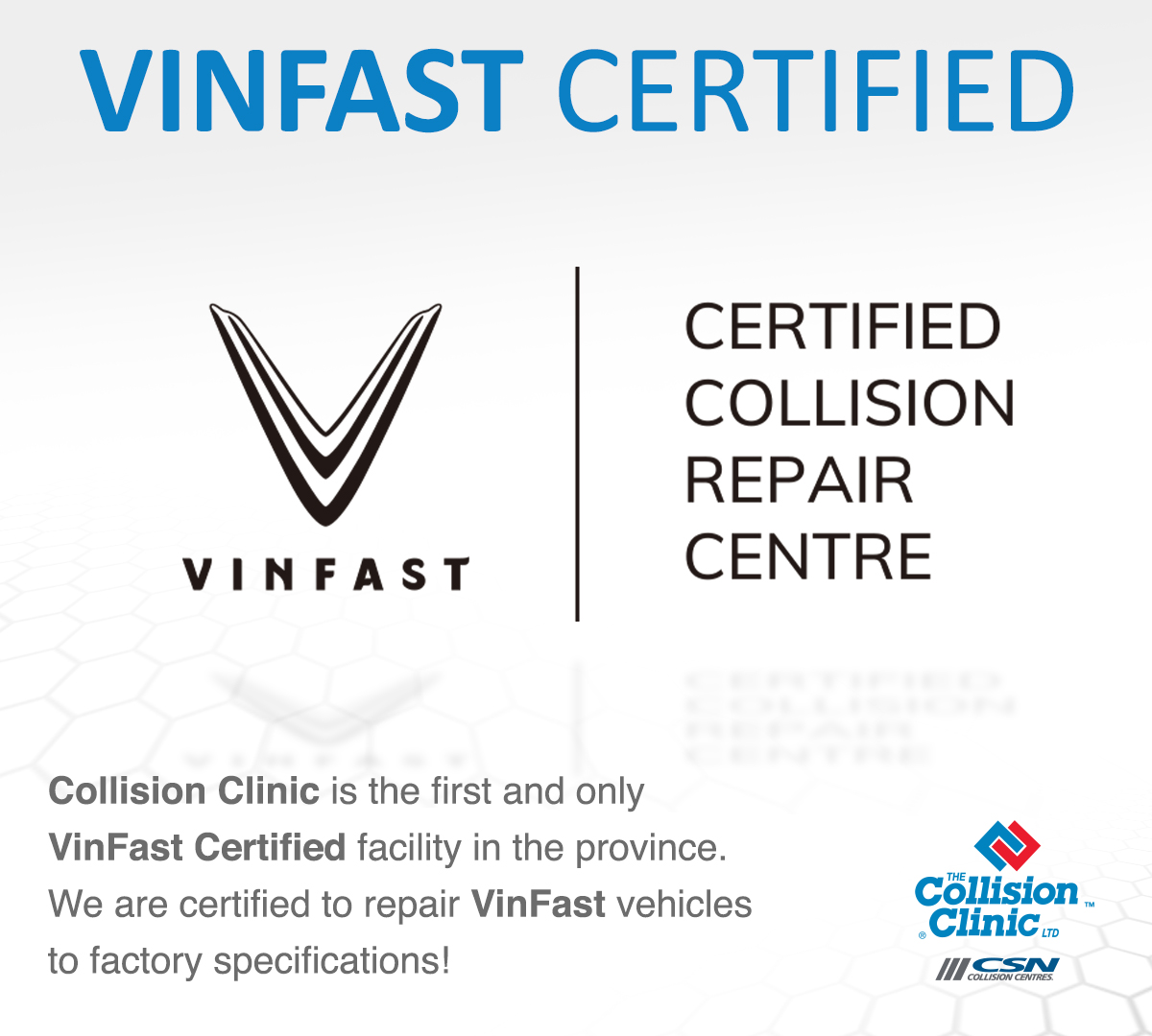 collisionclnic's tweet photo. We're VINFAST Certified! 

Collision Clinic CSN – customer preferred for all makes and models, on Topsail Road and Torbay Road!

#RightToChoose #MostCertified #ThatsCollisionClinic #vinfastcertified https://t.co/qDxMj3bLdz