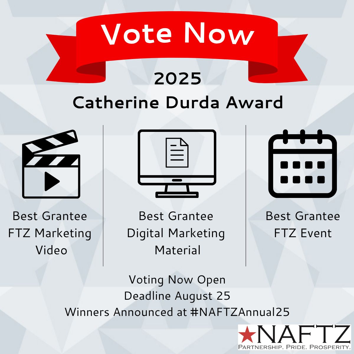 NAFTZ's tweet photo. Members, submit your votes for the 2025 Catherine Durda Award! Celebrate the excellence, creativity, and dedication of U.S. FTZ Grantees who go above and beyond to promote the U.S. Foreign-Trade Zones program. Winners will be announced at #NAFTZAnnual25 in Kansas City! https://t.co/rh1s4NpHq0