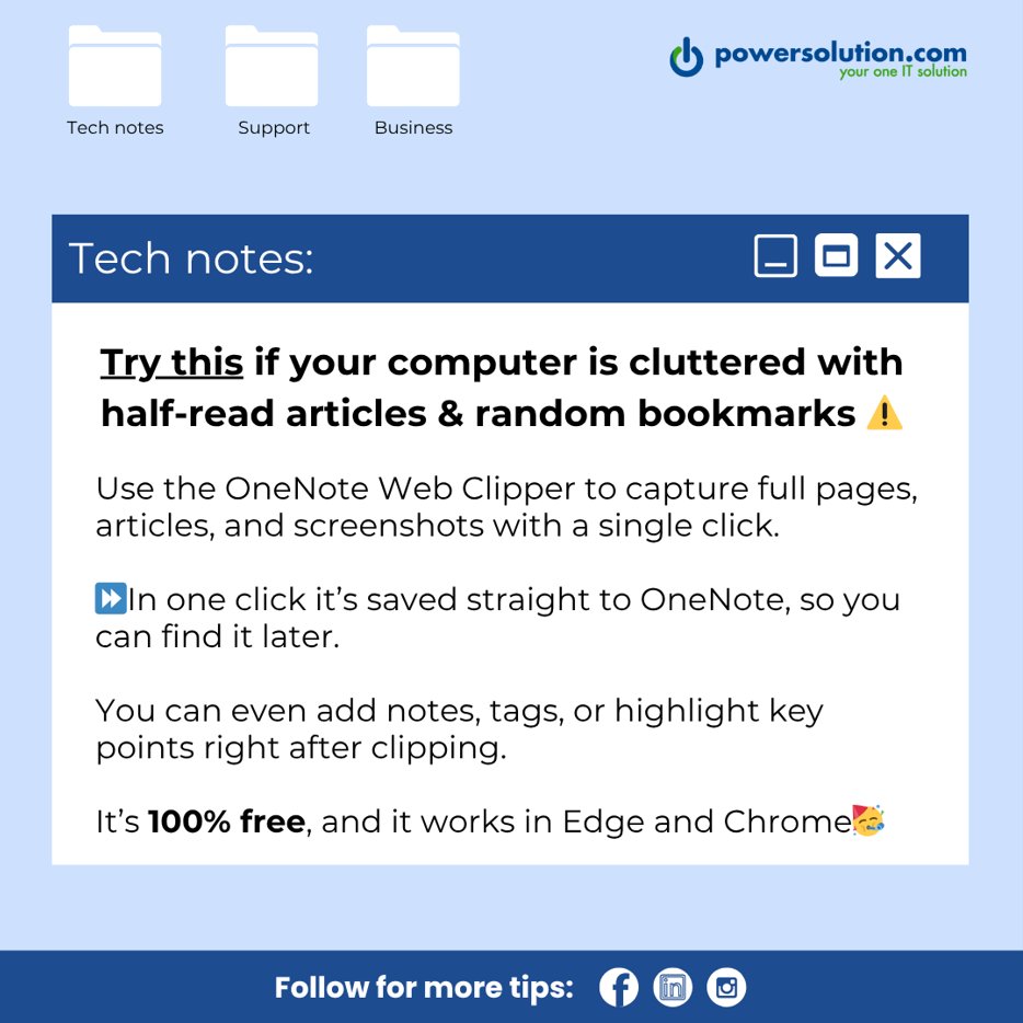 _powersolution_'s tweet image. If your computer is cluttered with screenshots, random bookmarks, and half-read
articles... you need this tool in your life
It’s called OneNote Web Clipper, It’s free, and it works in Edge and Google Chrome
#microsoft365 #onenote #business