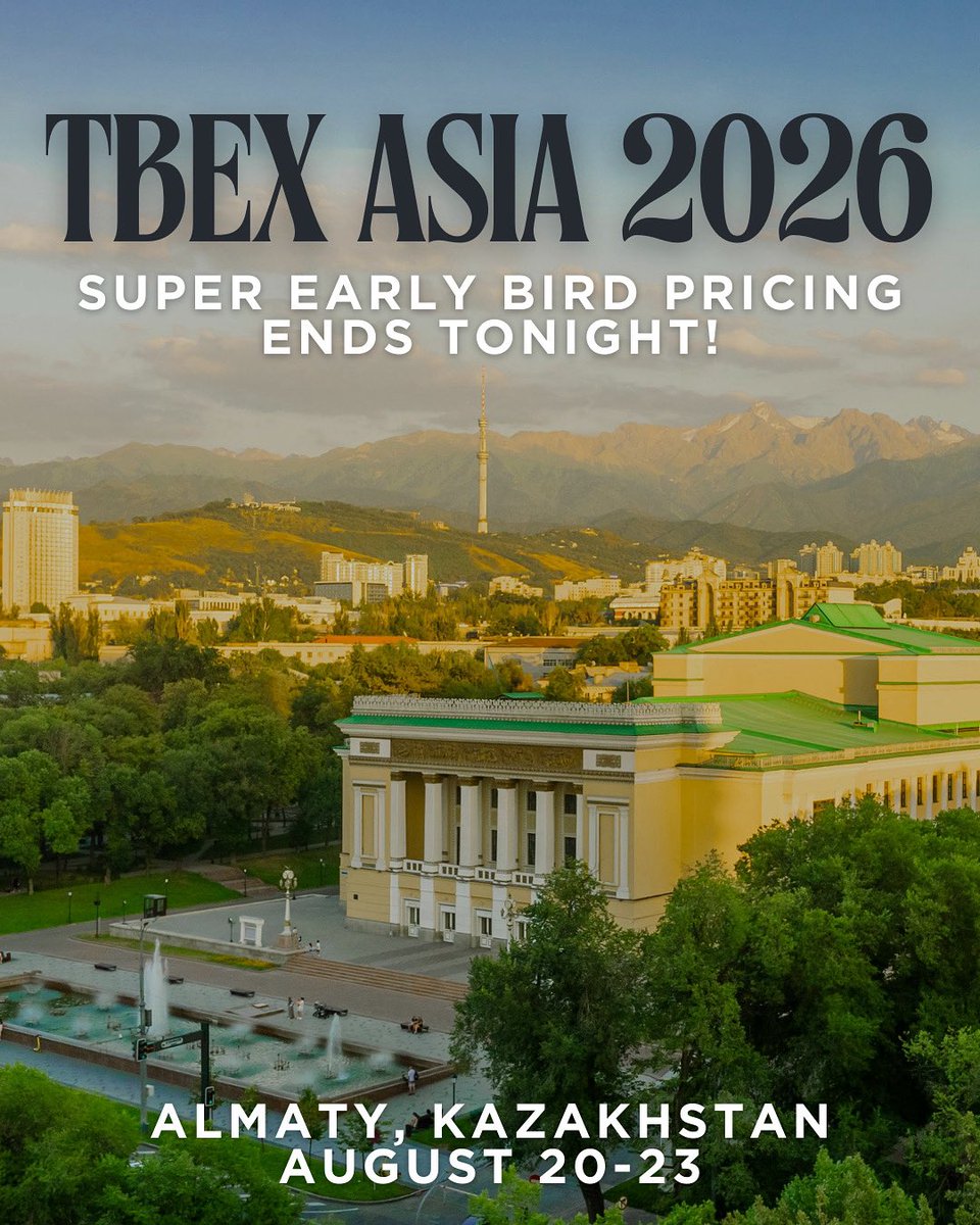 TBEXevents's tweet photo. Final Hours Alert!
This is your last chance to snag TBEX Asia 2026 tickets at the Super Early Bird price of just $177!

Join us in Almaty, Kazakhstan, August 20-23, 2026, for an unforgettable gathering of travel creators, industry pros, and storytellers from around the globe.

Prices go up tomorrow, so lock in your spot today and save big!
#tbexkazakhstan

Register now: https://t.co/e7RGVrbssl