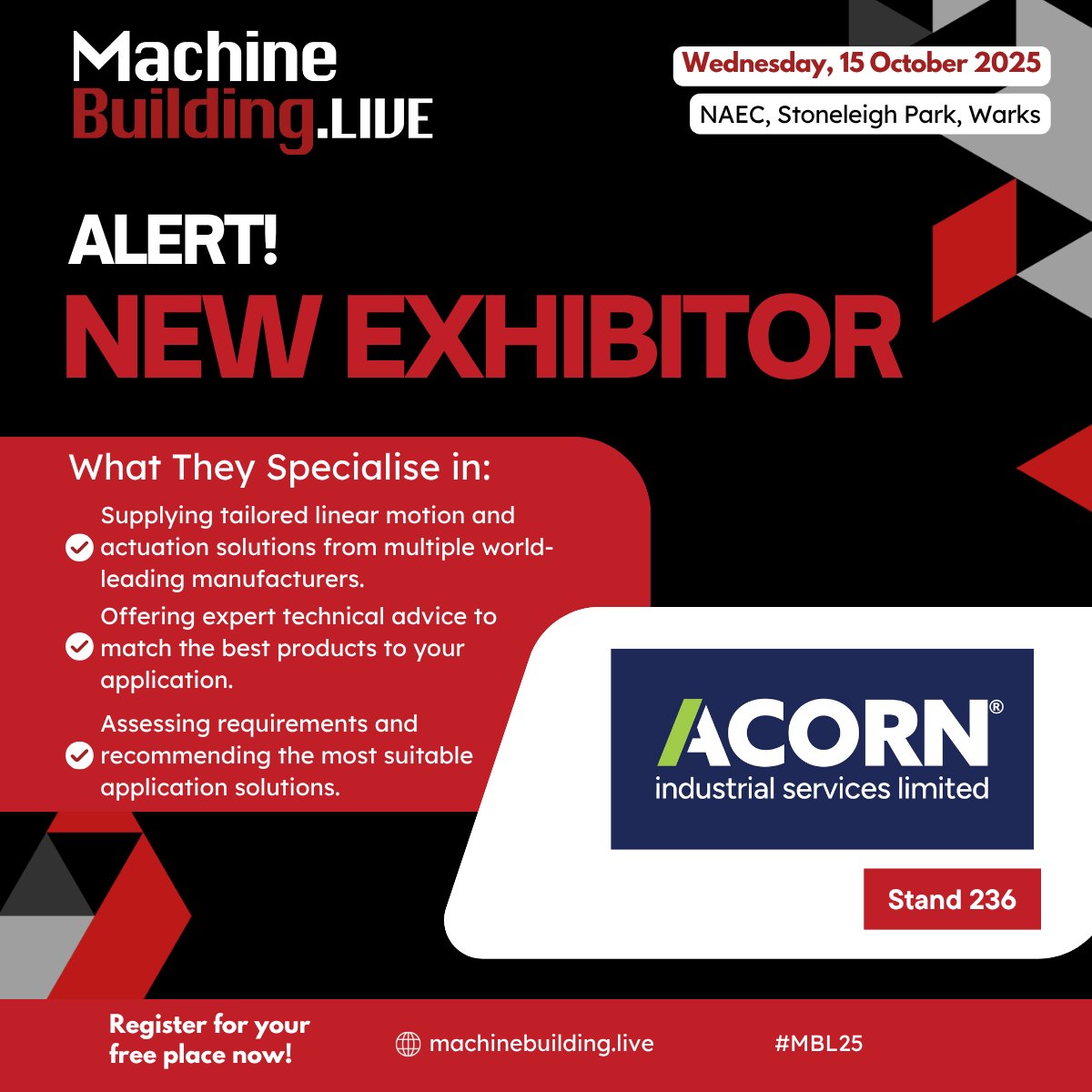MachineBuilding.net (@machbuild) on Twitter photo We are delighted to welcome <a href="/AcornIndustrial/">Acorn Industrial Services Ltd</a> to MachineBuildingLive, taking place at the NAEC, Stoneleigh Park on 15 October 2025. Find out more here: bit.ly/3GHdsY7 Free to attend: bit.ly/4kQ9WbU
#MBL25 #engineering #ukmanufacturing We are delighted to welcome <a href="/AcornIndustrial/">Acorn Industrial Services Ltd</a> to MachineBuildingLive, taking place at the NAEC, Stoneleigh Park on 15 October 2025. Find out more here: bit.ly/3GHdsY7 Free to attend: bit.ly/4kQ9WbU
#MBL25 #engineering #ukmanufacturing