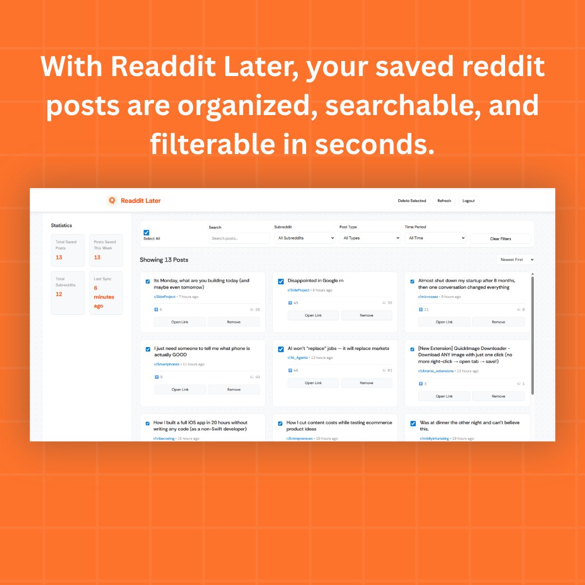 Sanjhai_18's tweet image. Got tired of endlessly scrolling Reddit’s saved list, hoping to find that one post.

So I built Readdit Later - a Chrome extension to organize, search, and instantly find your saved posts.

Give it a try:

chromewebstore.google.com/detail/jdceoga…

#ChromeExtension #RedditTips #BrowserExtensions