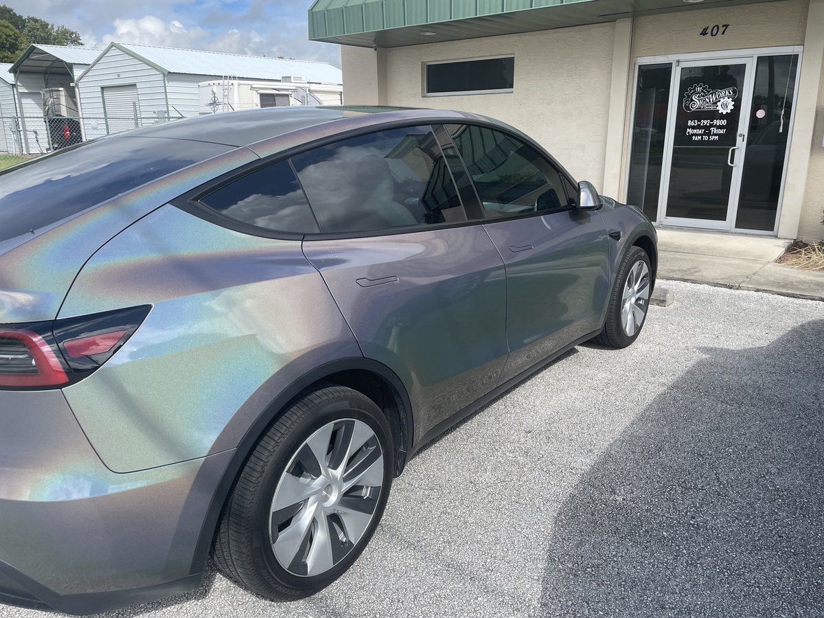 chiltonsigns's tweet photo. Gloss Psychedelic wrap on @TeslaModelY Call or txt 863-292-9800 or visit us at 407 E. Bridgers Ave in Auburndale to see what we can create for you. https://t.co/9gevFnDVto
