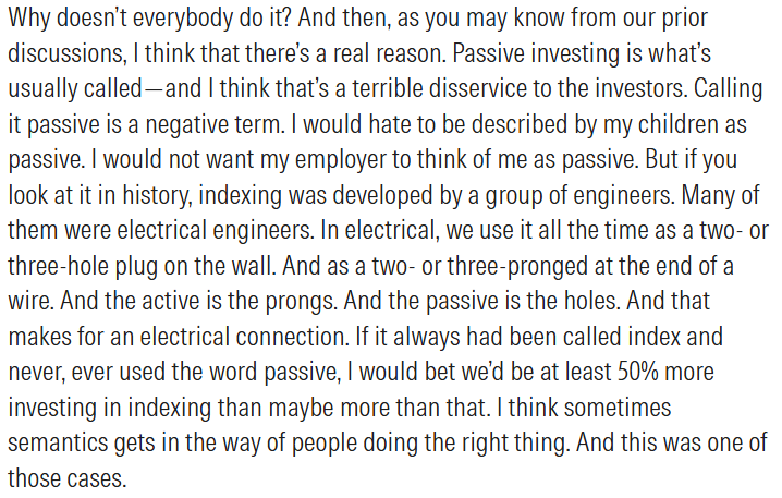 davidharrell's tweet photo. Fascinating bit from a recent episode of @MorningstarInc's Long View podcast w/ @christine_benz &amp; @AmyCArnott1: Charley Ellis wonders if the term "passive" hindered the growth of index investing. https://t.co/CwefK0tvur #indexing https://t.co/Oz2BcgTXzV