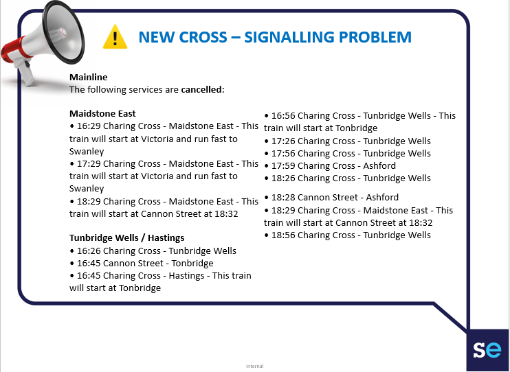 ⚠️ UPDATE: Due to an ongoing signalling problem at #NewCross we have made a number of alternations to services this evening. This is to alleviate delays and disruption to trains through the affected area. 

See our webpage &amp; attached images for details:
spkl.io/6014AK7Er
