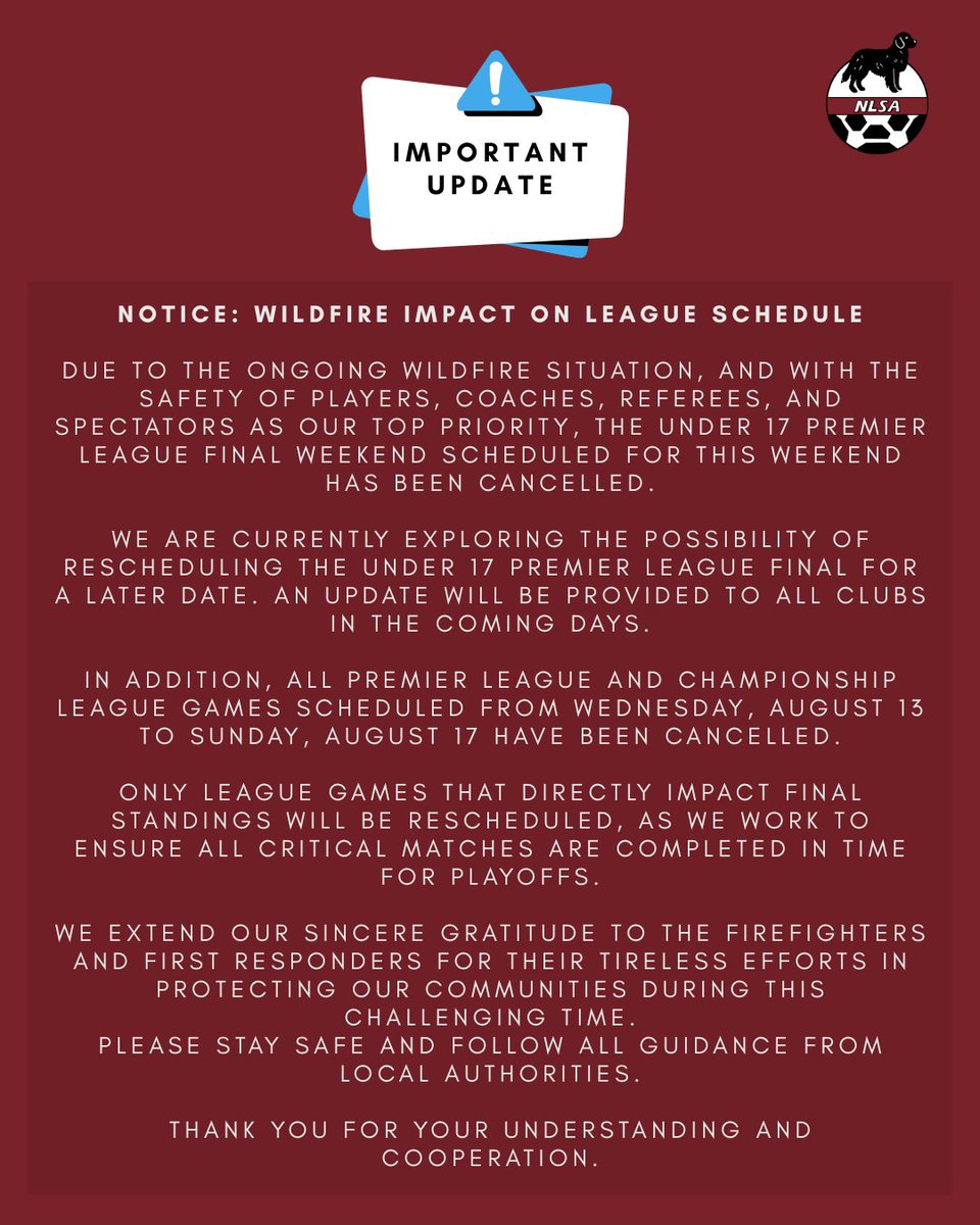🚨Wildfire Impact on League Schedule