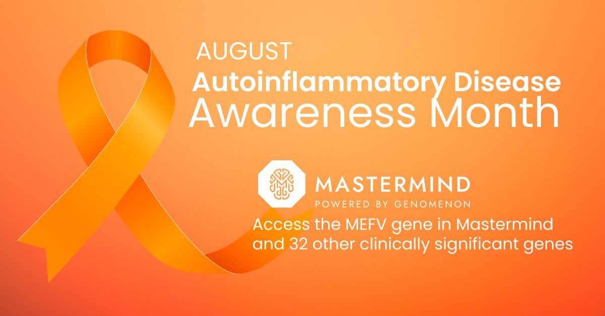 August is Autoinflammatory Disease Awareness Month! Familial Mediterranean Fever #FMF is a genetic disorder caused by pathogenic variants in the MEFV gene 🧬 Free through September - access #MEFV in Mastermind &amp; 32 other clinically significant genes: mastermind.genomenon.com/users/sign_up/…