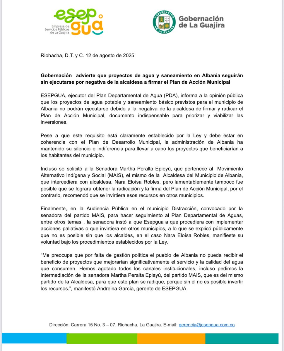 paulabolivar's tweet photo. La gobernación de La Guajira advierte que los proyectos de agua y saneamiento en El municipio de Albania seguirán sin ejecutarse por la negativa de la alcaldesa, Nera Robles (MAIS) de firmar el plan de Acción Municipal. https://t.co/1GVkxOCxRK