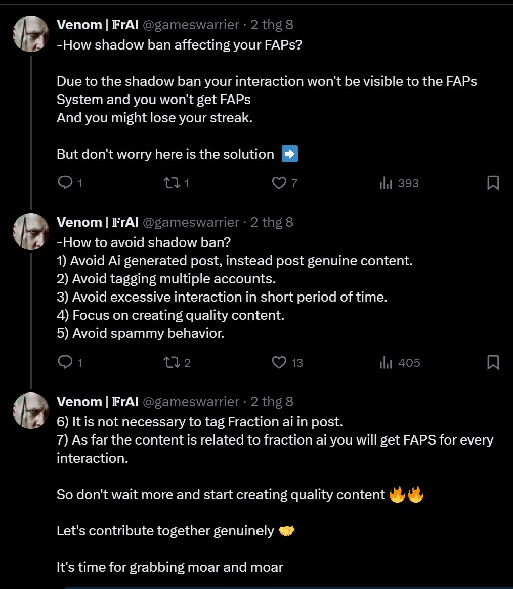 Cryptomadness (@cryptomad2025) on Twitter photo 2 days ago, I lost my 28 days streak on <a href="/FractionAI_xyz/">Fraction AI</a> and I honestly have no idea why.
At first I thought it was a bug or something I did wrong.
Then I stumbled across a post from <a href="/gameswarrier/">Venom | 𝔽rAI</a> (Fraction's Mod) talking about how FAPS actually works and how to avoid shadow 2 days ago, I lost my 28 days streak on <a href="/FractionAI_xyz/">Fraction AI</a> and I honestly have no idea why.
At first I thought it was a bug or something I did wrong.
Then I stumbled across a post from <a href="/gameswarrier/">Venom | 𝔽rAI</a> (Fraction's Mod) talking about how FAPS actually works and how to avoid shadow