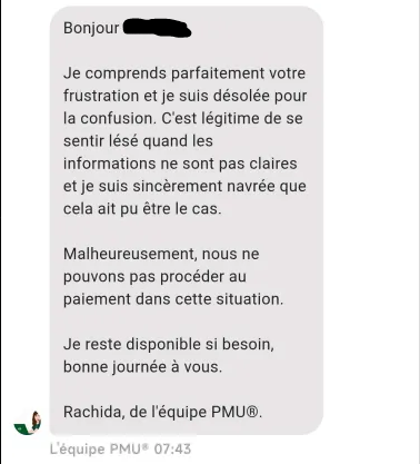 ANJSilencieuse's tweet photo. Bonjour, vous êtes nombreux à avoir pris ce pari.
@PMU_Sport continue d'ignorer les parieurs sans retour officiel. @PMU_Sport confus = parieur win : PAYE.
Dans un premier temps, j'invite tout ceux ayant pris le pari a constitué un dossier au médiateur---> https://t.co/rN3oyAOi2S https://t.co/Y69HdGqJyI