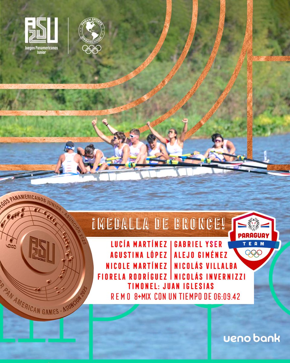 🚣🏻‍♀️ Remo: 🇵🇾 ¡Nicole Martínez, Fiorela Rodríguez, Agustina López, Lucía Martinez, Nicolás Villalba, Nicolás Invernizzi, Gabriel Yser, Alejo Giménez, Timonel: Juan Iglesias, MEDALLA de BRONCE🥉en <a href="/asu2025Oficial/">ASU2025</a> en Mix 8+! 🤩

💪🏻 #ParaguayPuede #VamosParaguay #ASU2025