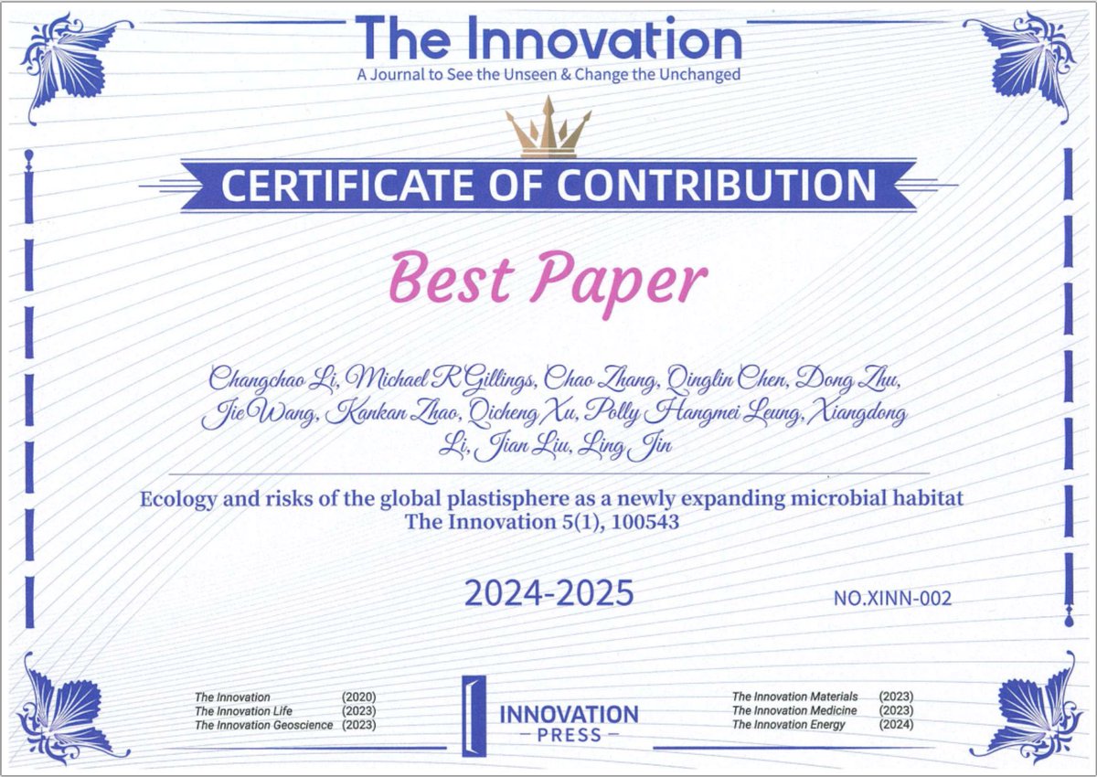 Glad to share that our study on global plastisphere ecology and risks, published in <a href="/The_InnovationJ/">The Innovation: a Cell Press partner journal</a>, has earned the Best Paper Award this year, after receiving the Most Popular Paper Award (2020-2024) last year!😃
Paper link: cell.com/the-innovation…
#plasticpollution