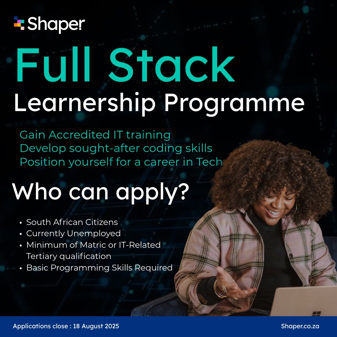 ShaperTalent's tweet image. This 12-month on-site learnership in Auckland Park | NQF5 IT Systems Support qualification with Full Stack Development training. 

Criteria:
SA citizens | Unemployed | Matric or IT qualification | Basic programming skills

forms.gle/9iJge6u3fQ2DX9…