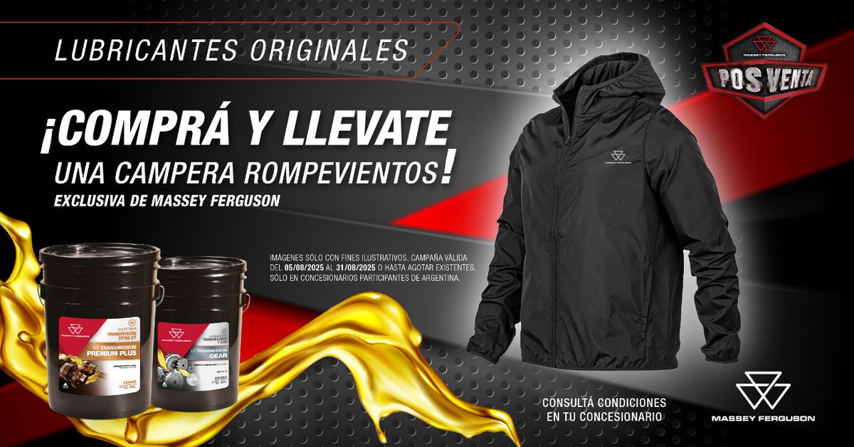 El cuidado de tu máquina ahora viene con un premio para vos: comprá lubricantes originales Massey Ferguson y llevate una campera rompevientos exclusiva. ​

Rendimiento, protección y un regalo para seguir en movimiento.​

#MasseyFerguson  #EnElCampoMassey #RepuestosGenuinos