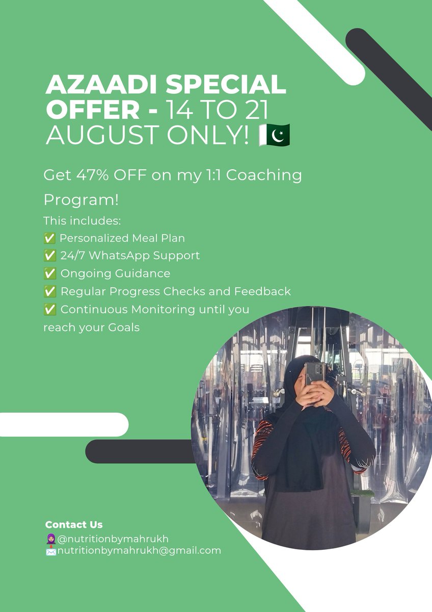 Azaadi Special Offer! 🇵🇰
Enjoy 47% OFF my 1:1 Coaching Program — valid only until 21st August.

📩 DM "AZAADI" to claim your discount before it’s gone!

#AzaadiDeal #14August #N #IndependenceDay #azadi #diet #food #meal #mealprep #mealplan #dietitian #nutritionist #coaching