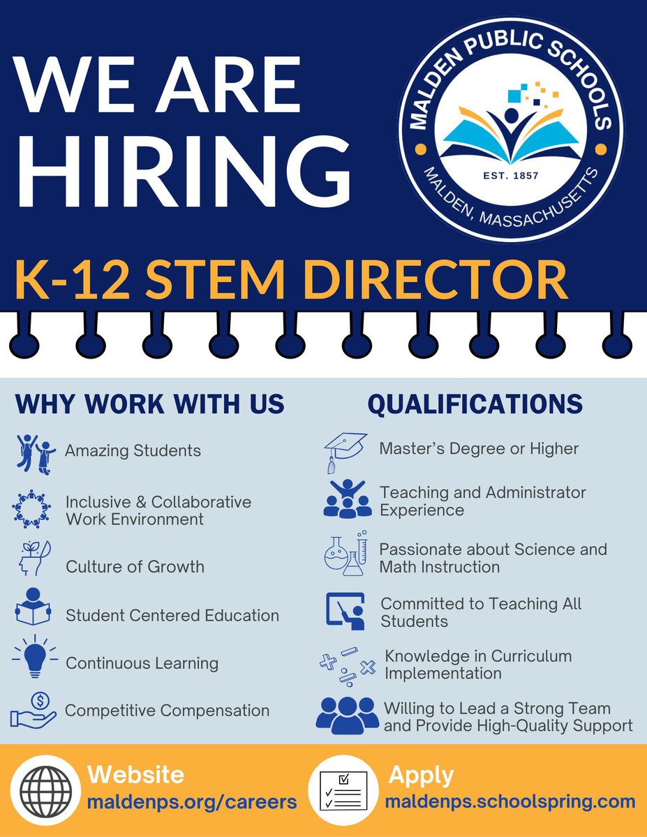 JennSpadafora's tweet image. 🚀 Malden Public Schools is hiring a Director of STEM! Lead district-wide STEM learning, support educators &amp;amp; ensure all students thrive.

📄 Apply: maldenps.schoolspring.com/?jobid=5321553

#STEM #EducationJobs #MaldenMA