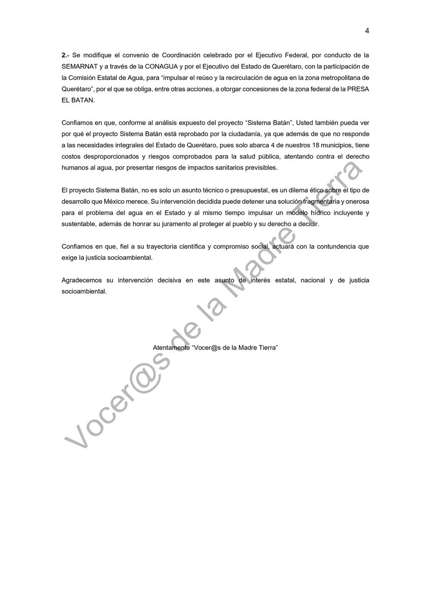 Estimada presidenta Dra. <a href="/Claudiashein/">Claudia Sheinbaum Pardo</a>, esperamos que lea nuestras reflexiones con base al análisis, sobre el proyecto #SistemaBatán que quiere imponer el gobierno estatal en #Querétaro.
Usted dijo el 12 de Julio en BC "No haremos nada que no quieran" y aqui decimos, #NoAlBatán.