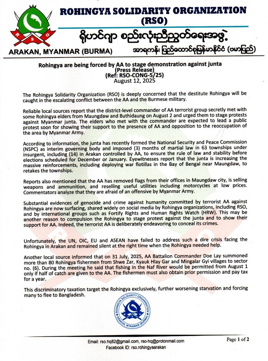 RSOArmyLife's tweet photo. 🚨RSO Press Release 12, 08, 2025
RSO urges the UN, OIC, EU, ASEAN to act before it’s too late.
#Rohingya #Arakan #Genocide #StopAA
@UN @OIC_OCI @CIJ_ICJ @hrw @arableague_gs @MWLOrg_en @ICRC @ifrc @IOMBangladesh @QF @amnesty @UNHumanRights @HRF @UN_HRC @UNICEF https://t.co/kL2bo6VN7h
