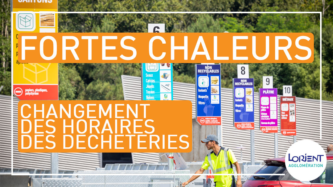🌡️ Lorient Agglo déclenche son plan #FortesChaleurs
🗓️ Du jeudi 14 août au lundi 18 août inclus
⚠️ Les horaires d'accueil en déchèteries seront modifiés :
⌚ 8h-12h15 &amp; 13h30-15h30 aux jours habituels d’ouverture

+d'infos 👉 l-a.bzh/e4856