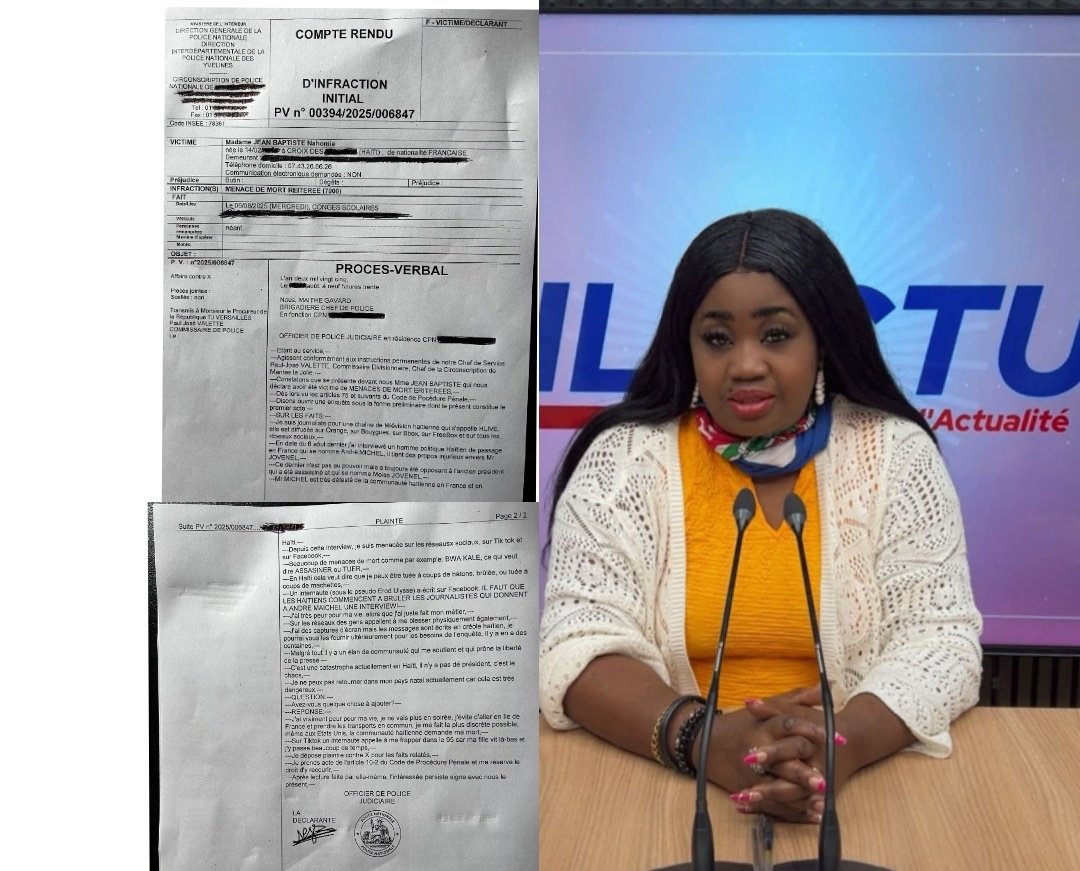 josephlunieOFF's tweet photo. La journaliste franco-haïtienne Nahomie Jean Baptiste a porté plainte pour menaces de mort réitérées après avoir interviewé André Michel sur #HLIVE à Paris. Les ressortissants haïtiens impliqués risquent une peine de prison et l’expulsion du territoire français. @josephlunieOFF https://t.co/kOZXTcart5