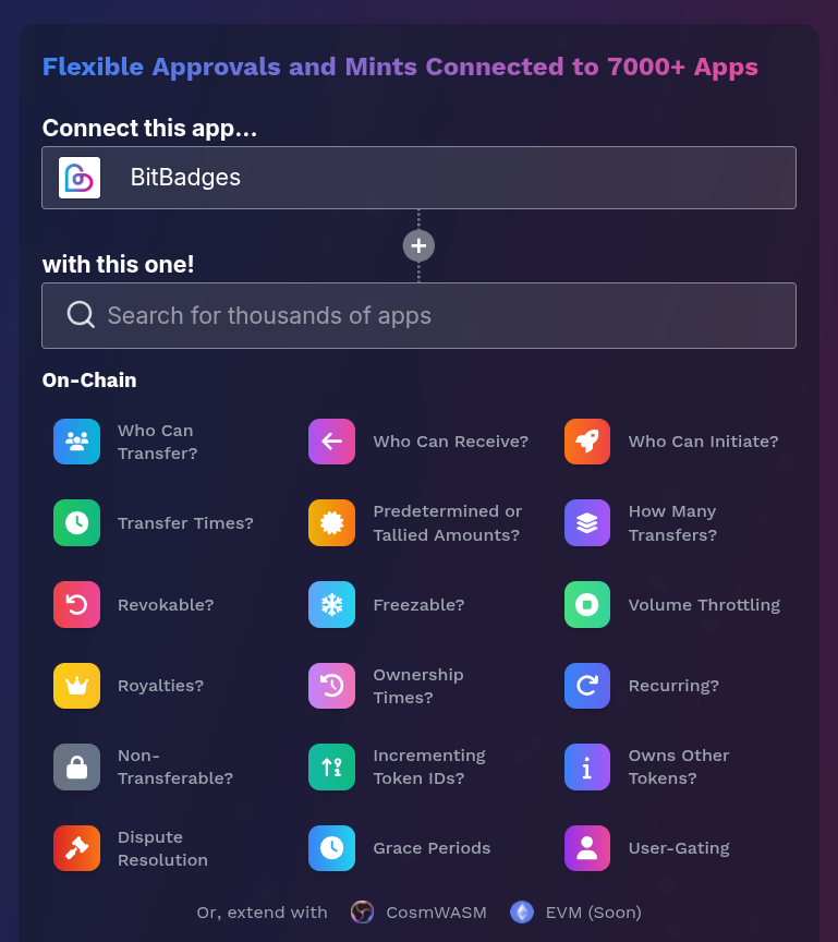 bitbadges_io's tweet photo. Transferability Revamped
BitBadges has redefined token transferability requirements.

Any app. Any criteria (on or off-chain). 7000+ in-site plugins. One standardized interface. No code. Infinite possibilities.

Customize on three levels: 
1. Collection-wide approvals
2. Outgoing (sender) approvals
3. Incoming (recipient) approvals

Learn more at https://t.co/zxyG2lONjf