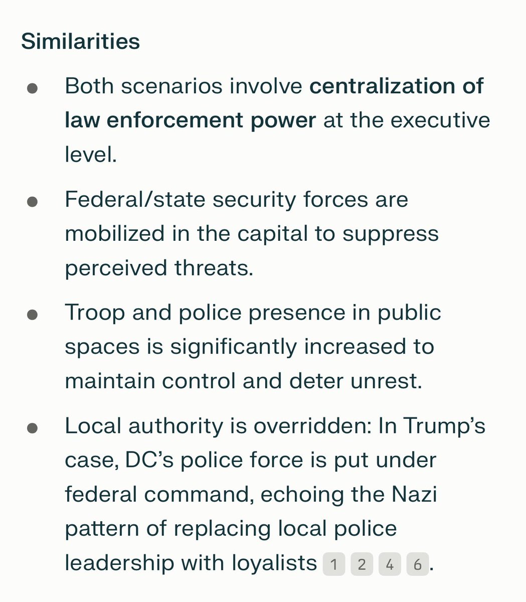 Nach9636's tweet photo. How is Trump’s order to send national guard into Washington D.C. similar to the Nazi police state of the 1930s? (Source: perplexity ai) #TrumpNaziPlaybook #AmericanPoliceState #SayNoToAmericanFascism #DV1 #DemsUnited https://t.co/paROGfaghI