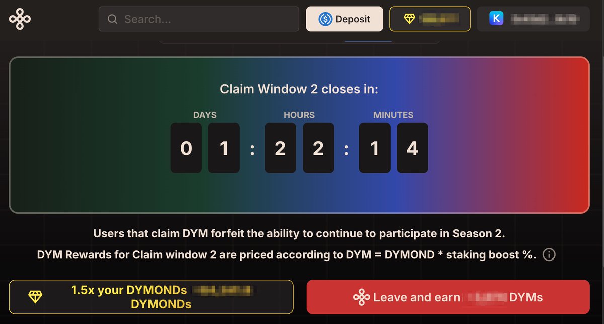 $DYM or DYMONDS💎? Second claim offer is open 👇

🌐portal.dymension.xyz/season-two/

If you are participating in <a href="/dymension/">Dymension</a>  S2 - Second Claim Offer open NOW and closes in ~ 2 days.

Requirements

🔸Registered and eligible for S2
🔸Provided liquidity on Dymension
🗓️1 day 21 hours