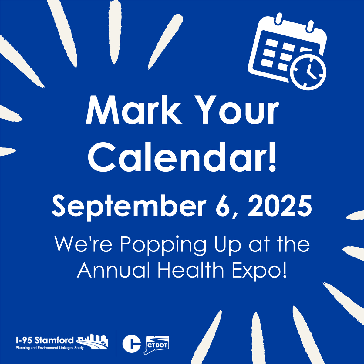 The I-95 Stamford PEL Study Team will be at the Annual Health Expo at 1 Harbor Pt. Rd. on September 6! This is a great chance to learn about the study, ask questions, and share your feedback on transportation and accessibility near I-95.

El equipo del estudio I-95 Stamford PEL