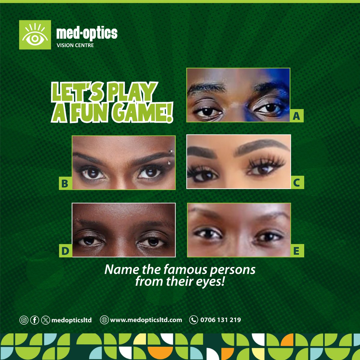 medopticsltd's tweet image. Mid-Week Fun!
Get ready to test your eye recognition skills. Can you recognise the iconic eyes of these well-known personalities?

Comment below with your guesses.
#GuessWho
#FunTrivia