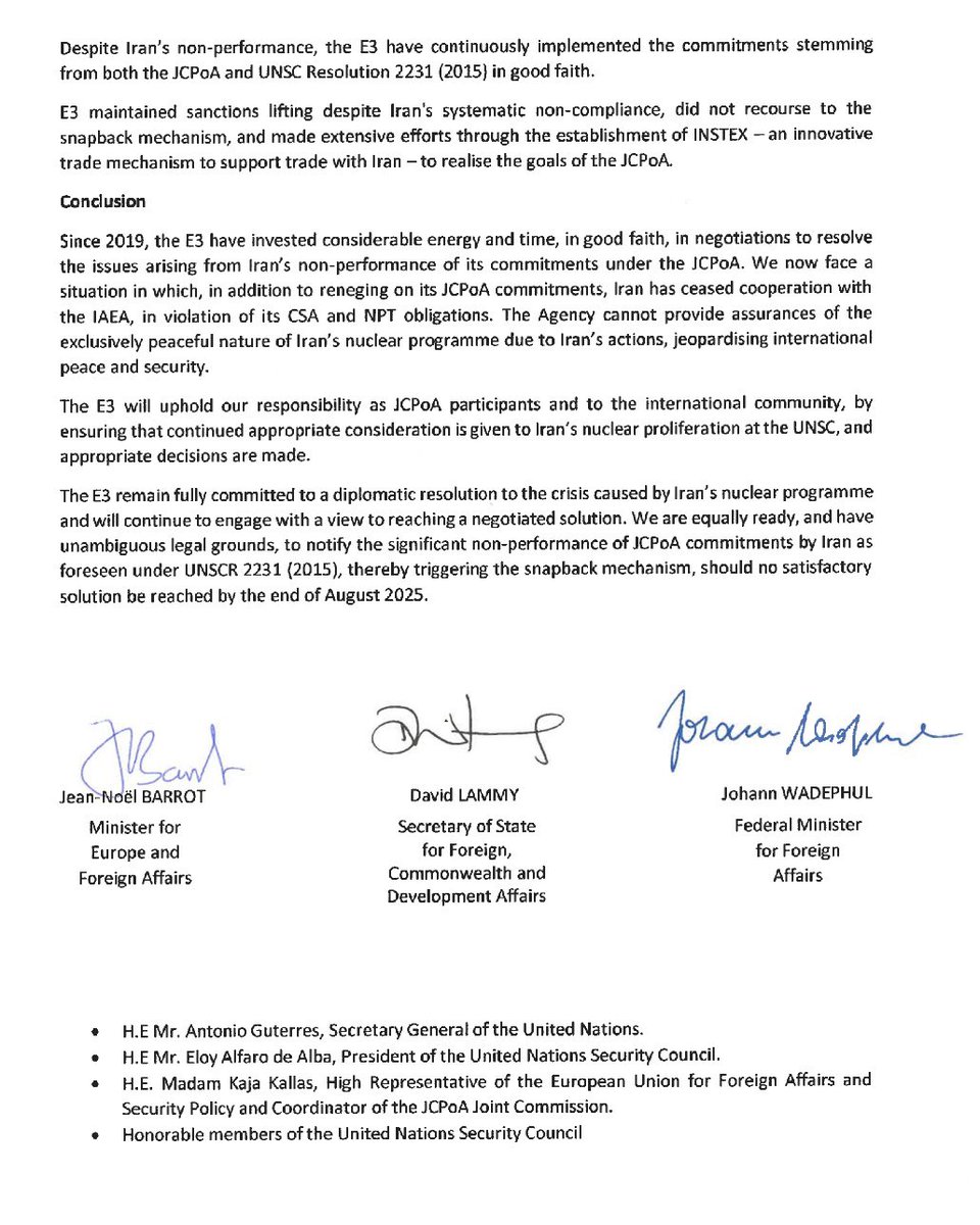 GermanForeignOffice (@germanydiplo) on Twitter photo Iran has the opportunity to return to diplomacy and resume full cooperation with the IAEA. Most recently, the E3 offered Iran a time-limited extension of the snapback option under specific conditions - the ball is now in Iran’s court. - <a href="/AussenMinDE/">Johann Wadephul</a> Wadephul 2/2 Iran has the opportunity to return to diplomacy and resume full cooperation with the IAEA. Most recently, the E3 offered Iran a time-limited extension of the snapback option under specific conditions - the ball is now in Iran’s court. - <a href="/AussenMinDE/">Johann Wadephul</a> Wadephul 2/2