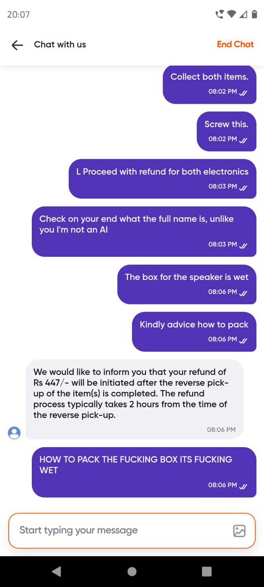 OfficialTCRose's tweet photo. Absolute state of @SwiggyInstamart. It took me over 45 minutes to start a simple refund
 No human available for talks just a damn robot that kept repeating the same broken script.
They literally packed electronics in paper bags with no security. @SwiggyCare https://t.co/BGvglejDEu