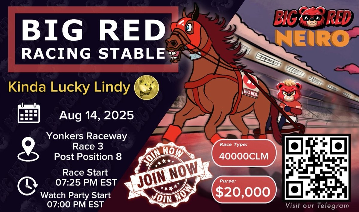 🚨Big Red Racing Watch Party #39

Tomorrow we race for a greater cause yet again along with our partner <a href="/neiro/">Neiro</a>. 

Our horse, Kinda Lucky Lindy wasn't that lucky this time with the post position #8

📅 Date: Thursday Aug 14, 2025  
🏟️ Venue: Yonkers Raceway | Race 3, Post Position