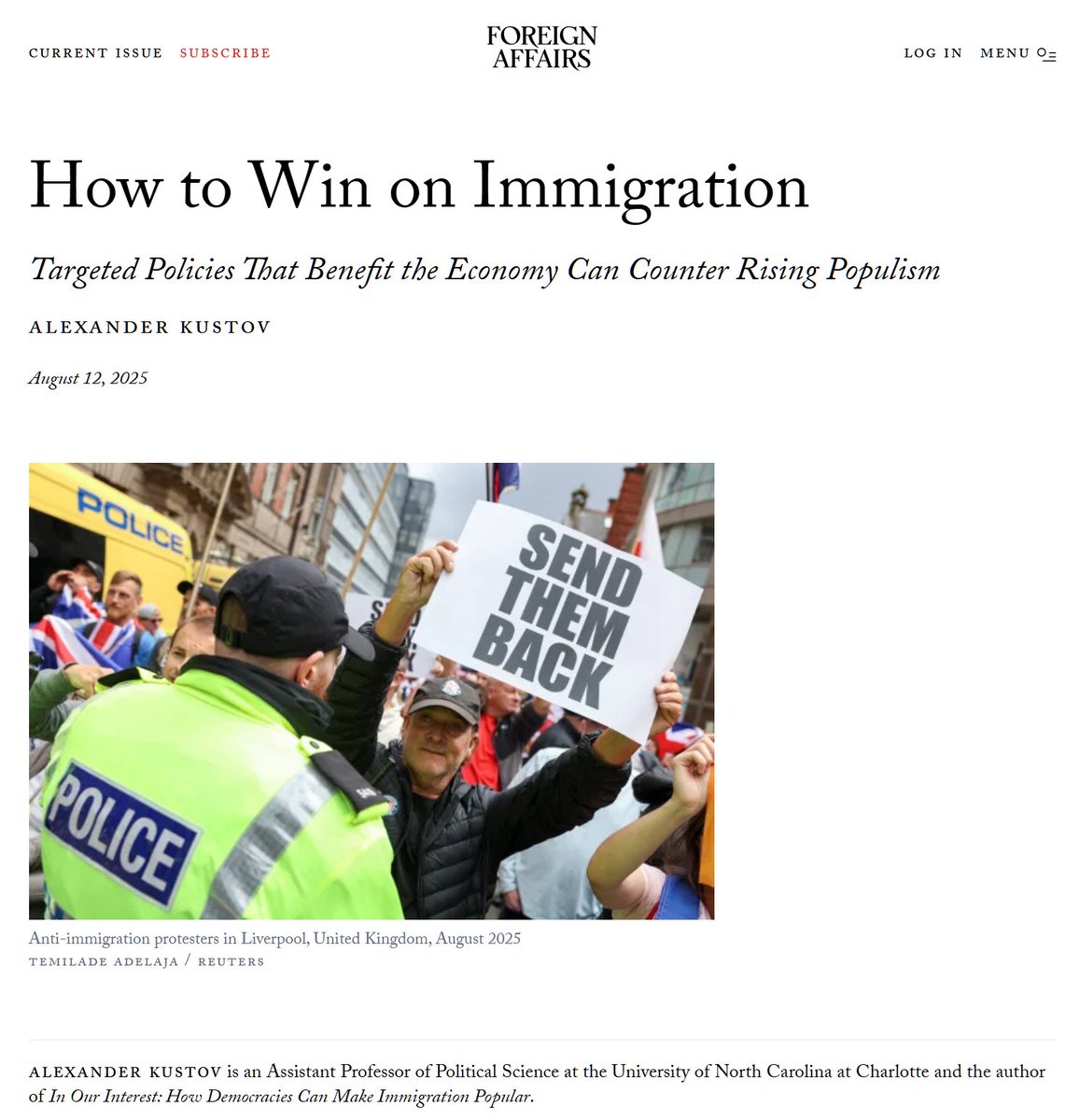 I have a new essay in <a href="/ForeignAffairs/">Foreign Affairs</a>: no democracy has ever eased widespread immigration concerns without being very selective about whom it admits. 

To move forward on the issue, governments on the left and right should make better policies whose benefits to voters are clear.