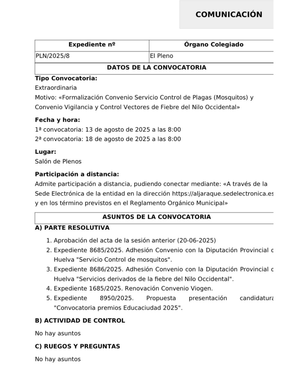 IUAljaraque's tweet photo. Un pleno extraordinariamente caro e innecesario.

El PP de Aljaraque vuelve a convocar un pleno extraordinario en agosto (mes inhábil) sin temas de urgencia, sin aceptar mociones, sin ruegos ni preguntas. https://t.co/a07CuNSZkz