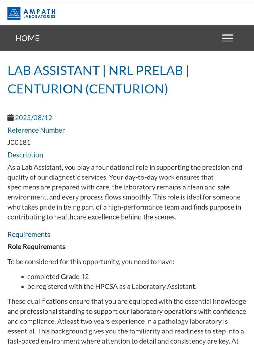 tumelo_br's tweet photo. @ChrisExcel102 Do your own research 

📌Ampath Laboratories is hiring!

✅Lab Assistant | NRL PreLab |

📍Pretoria

Salary: R8,000- R12,000 p/m

Minimum Requirements:
- Grade 12/ Matric only!
- Computer literate.

Closing Date: 17-August-2025  at 21:00

Apply ASAP: https://t.co/vB64nuWz98 https://t.co/r4t0b4EsKQ