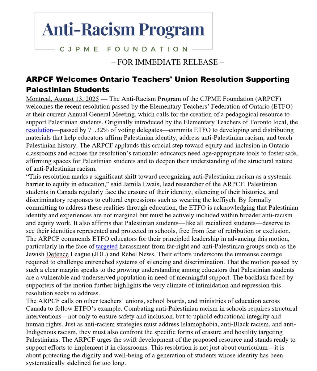 OpposeAPR's tweet image. Big shout-out to @ETFO for passing a landmark resolution (71% support!) to create resources that celebrate Palestinian identity, challenge anti‑Palestinian racism, and teach Palestinian history.
cjpmefoundation.org/pr_2025_08_13_…