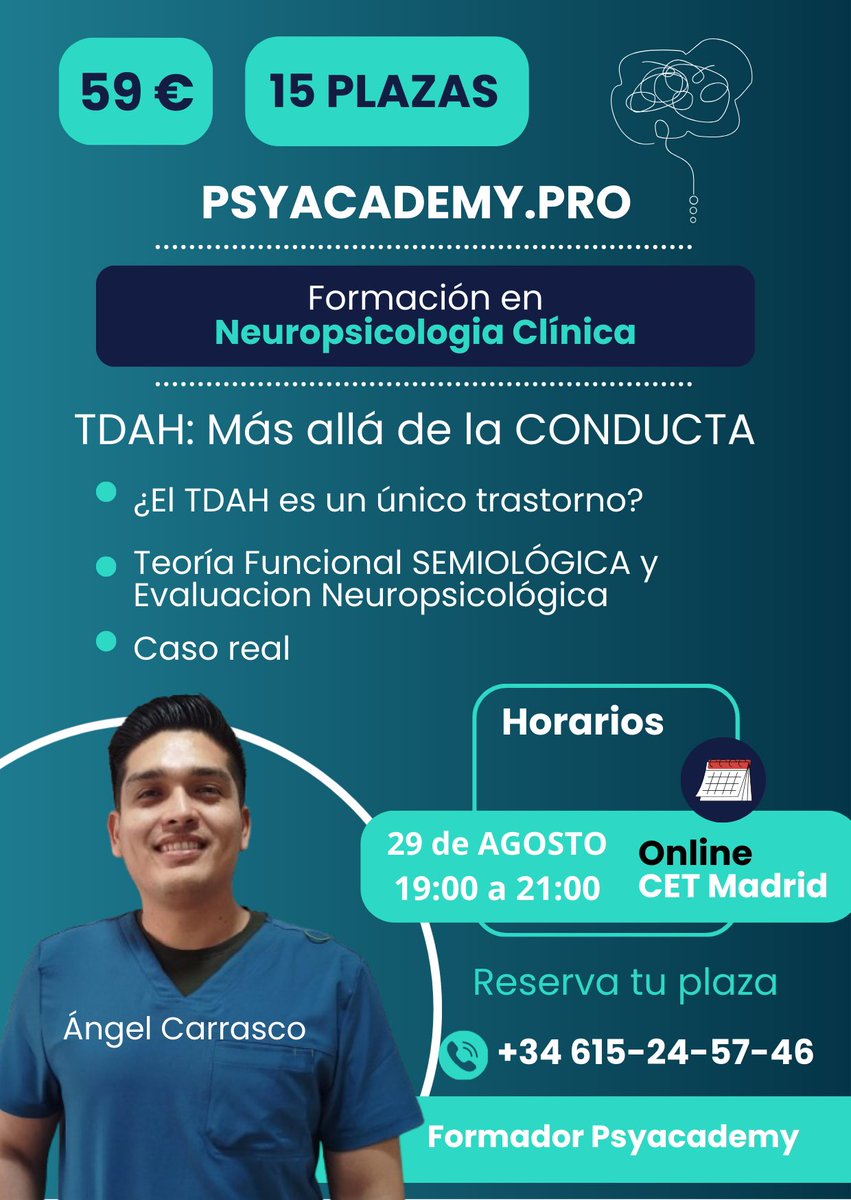 Vamos allá con la próxima formación 🔥 🧠 Ángel nos va a enseñar sobre TDAH (el de verdad de la buena). 
¿Qué sucede en el cerebro de alguien con este trastorno? Cuántas diagnósticos de TDAH en realidad no son tal? 🤔 ¿Se conocen otros cuadros similares que pueden complicar el
