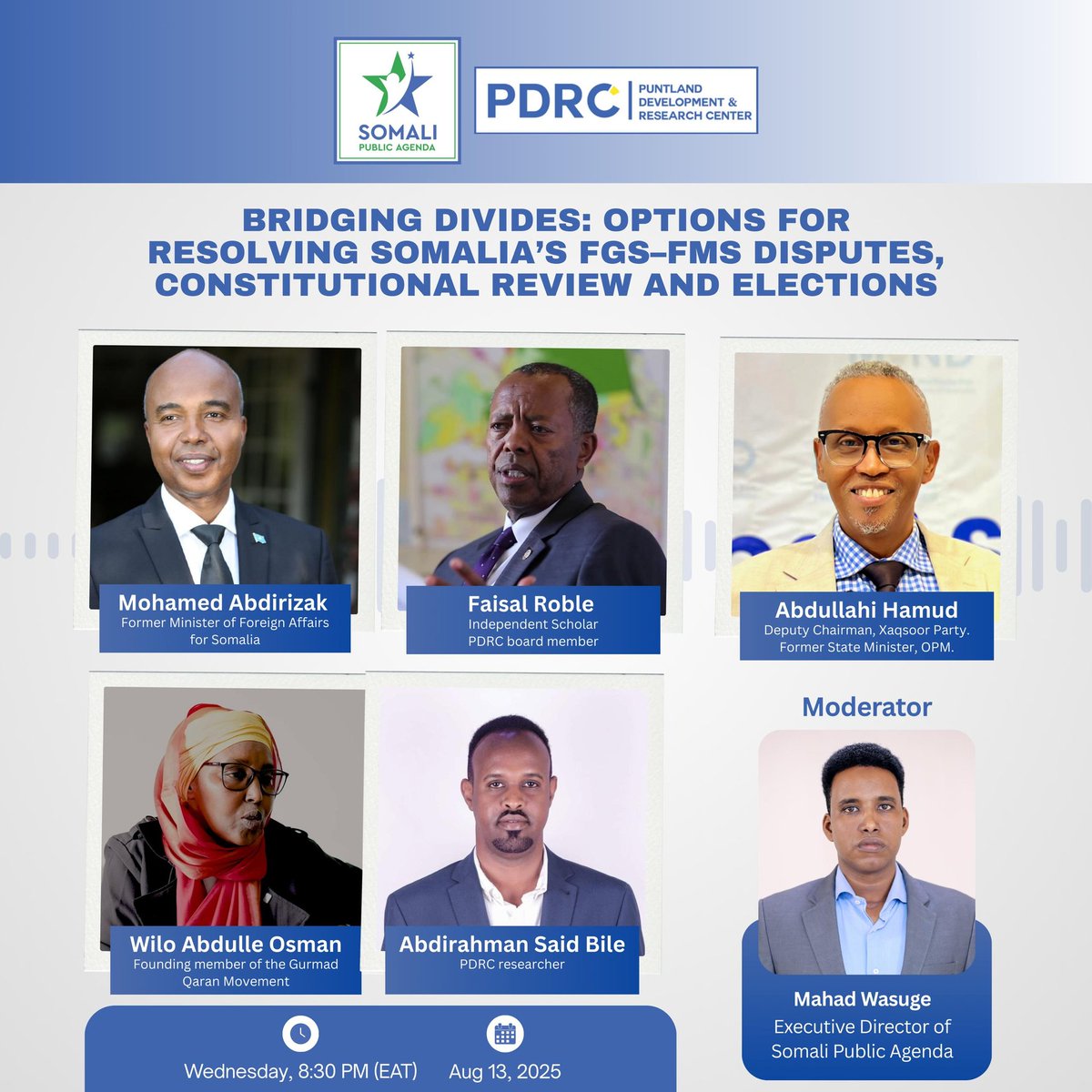 SomaliaPdrc's tweet photo. 🚨 Join us for an important #XSpace discussion! 🚨  

"Bridging Divides: Resolving Somalia’s FGS-FMS Disputes, Constitutional Review & Elections"

🗓 Tonight at 8:30 PM EAT

Following the release of our joint policy paper PDRC & @somalipubagenda  panelists share practical steps for Somalia’s future:

🔹 Mohamed Abdirizak, @MAbdirizak
🔹 Faisal Roble @faisalroble19   
🔸 Abdullahi Hamud @AbdullahiHamud   
🔹 Wilo Abdulle Osman, @WAbdulle
🔸 Abdirahman Said Bile, @ASaidBile

Moderated by SPA Executive Director @MahadWasuge

🔊 Tap in & engage! Set a reminder ⬇️
https://t.co/Jts15BaOmE