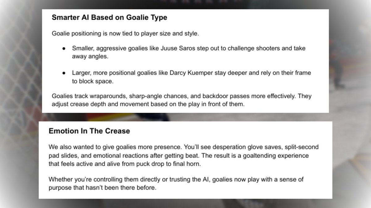 Thrash94Gaming's tweet image. Some major changes to goalies in NHL 26

RIP the forehand-backhand?🥺

In all seriousness, IF (big if) all of this works the way it sounds it does - this is the biggest change to goalies we have seen in a very long time