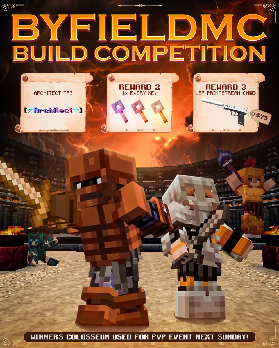 ByfieldCS's tweet image. Our first build competition starts now! 

The theme is a &apos;Colosseum&apos; and the builds will be judged on stream this Sunday 17th at 20:00pm BST 🇬🇧

The winner&apos;s build will be used in a special PVP gladiator event the following Sunday ⚔️

All rules and information will be on the…